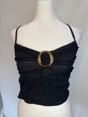 SHEIN Black Ruched Tie Strap Camisole Style Halter  w/ Tortoise Shell Color Ring